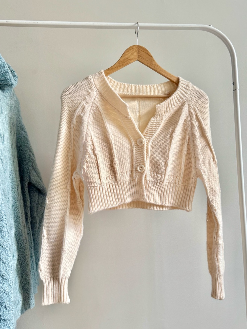 Y2K Chunky Cream Knit Cropped Cardigan Sweater with Vertical Cable Details